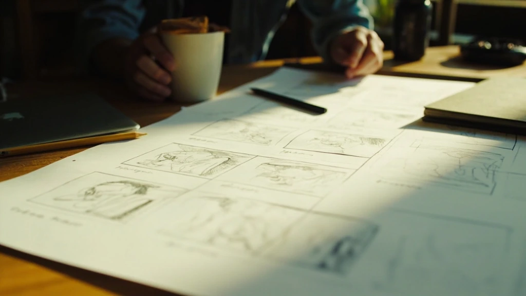 Storyboard artist Marcus Chen's working desk with pencil panels and tools