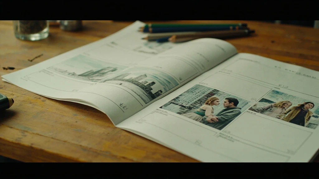 A 2.39:1 theatrical storyboard spread open on a desk, three hand-drawn frames lit by warm tungsten