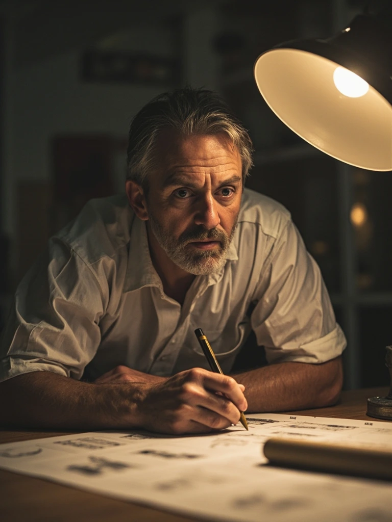 A working storyboard artist at a drawing table lit by a desk lamp