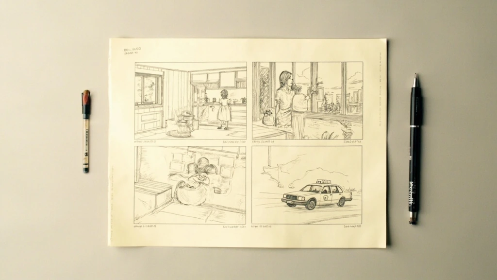 16:9 documentary storyboard template with four pencil-drawn frames